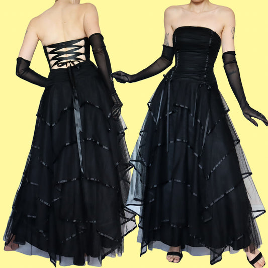 Black layered strapless evening gown UK 10