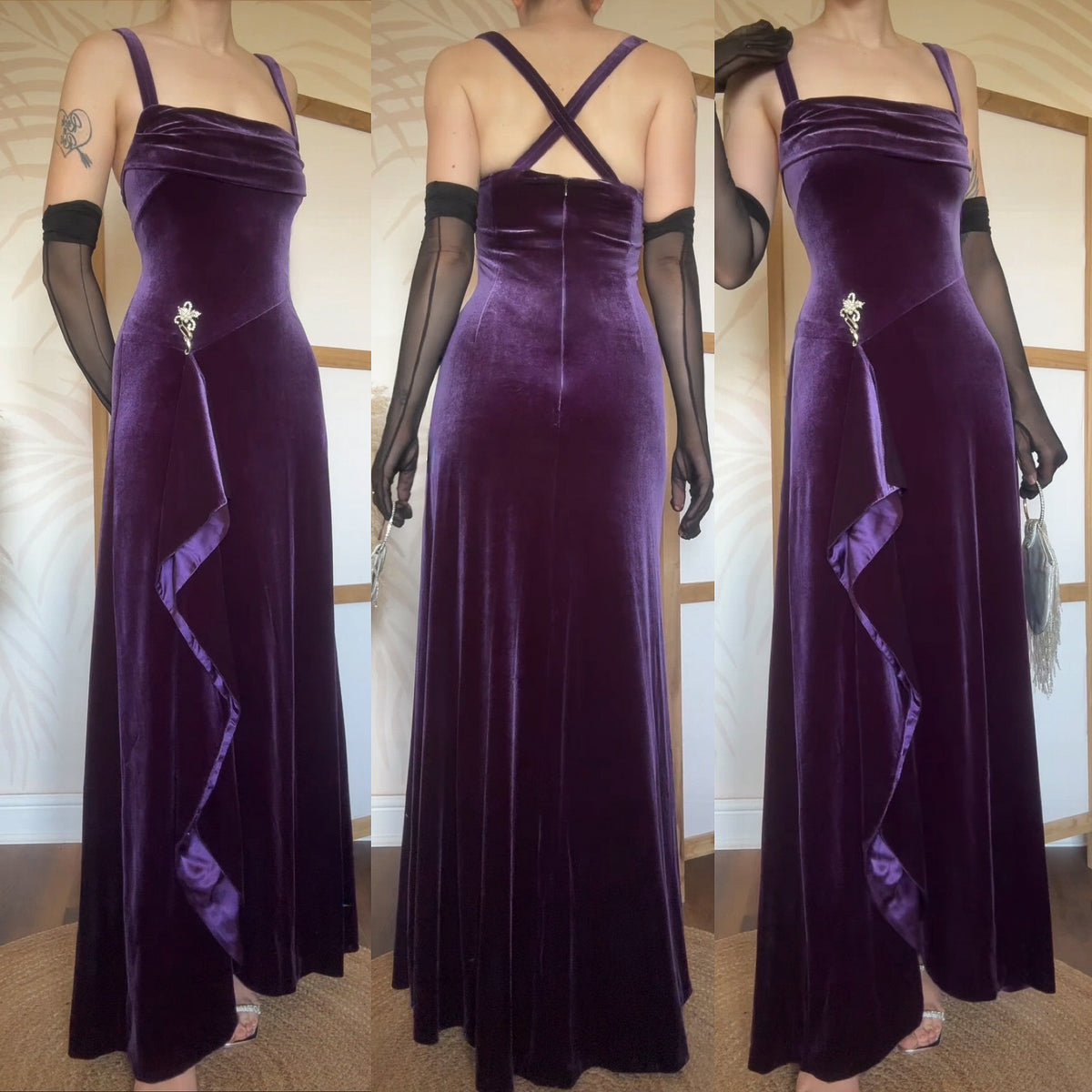 Purple velvet stretch evening dress uk 12