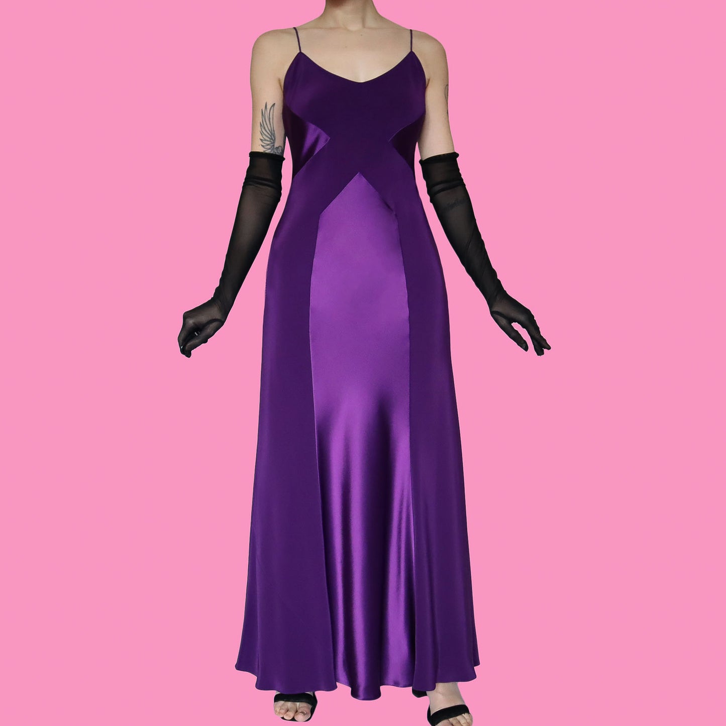 Purple satin panel slip evening gown UK 12