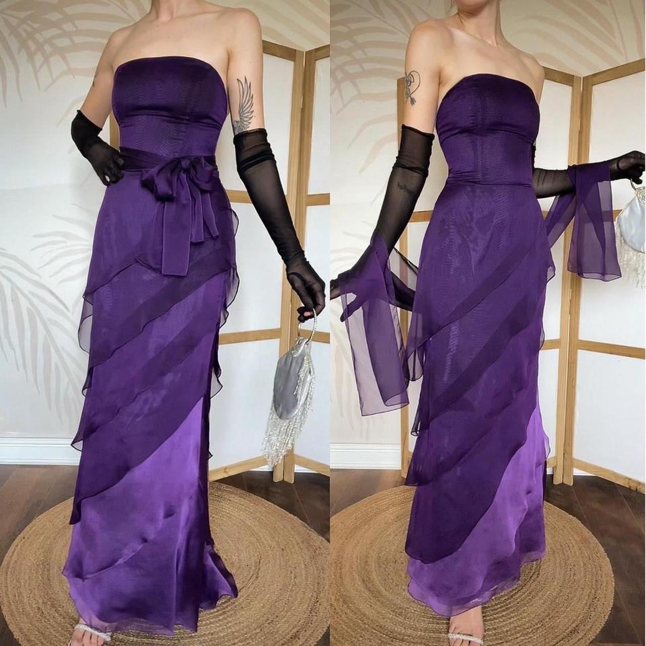 Purple Niki Livas strapless layered gown uk 12