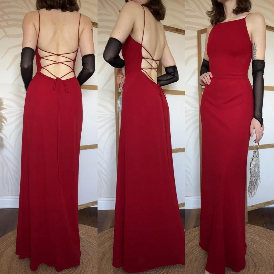 Red stretch 90s lace back evening dress uk 10
