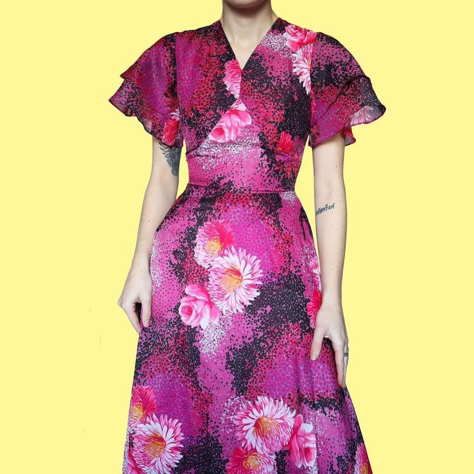 Vintage 70s Pink Floral Flared Sleeve A-Line Dress UK 8