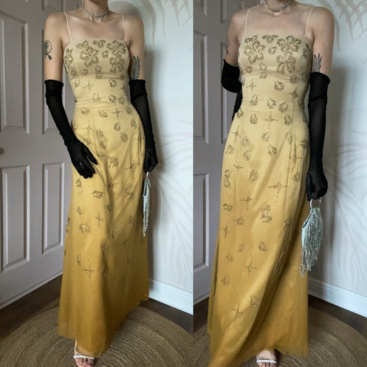 100% silk Goya tan/yellow beaded evening dress UK 14-16