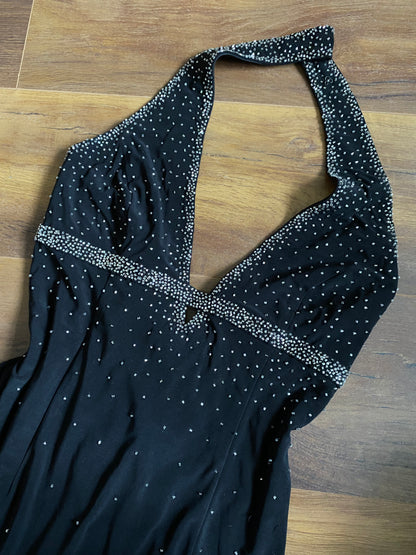 Black 90s Dave & Johnny beaded stretch halter neck evening dress UK 10