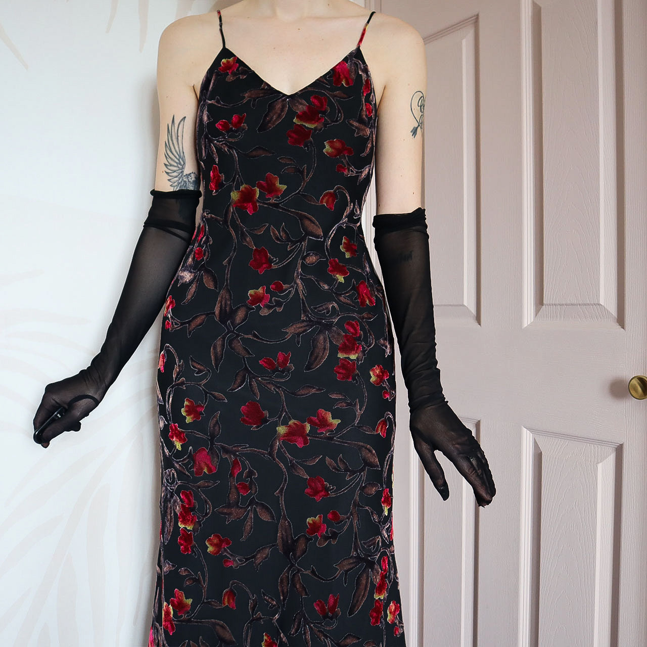 Black floral velvet devore slip dress UK 10