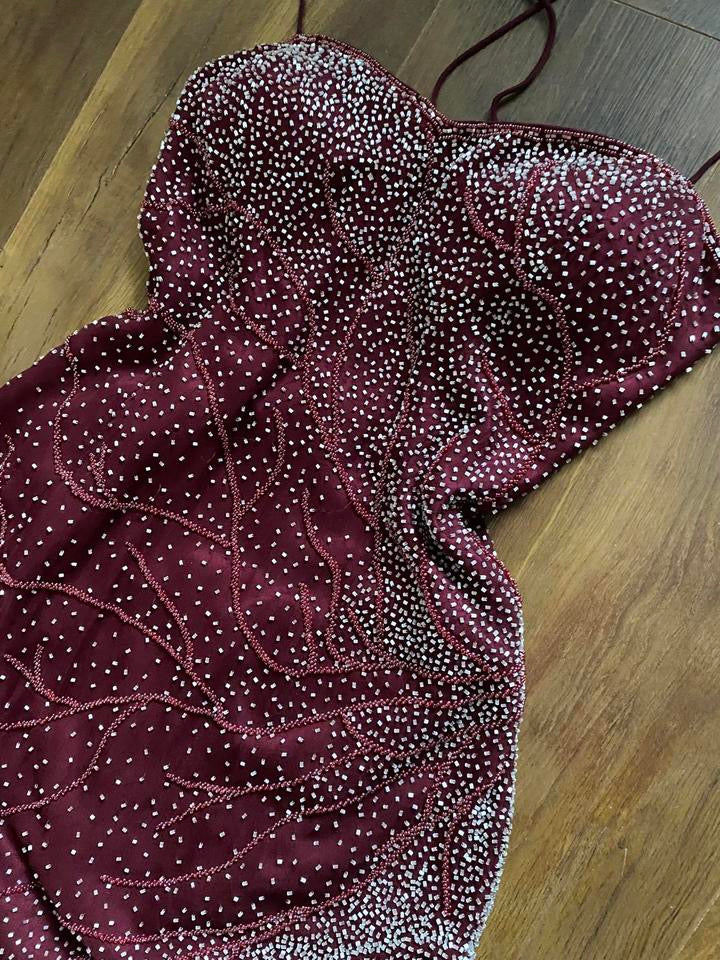 Burgundy vintage 100% silk beaded evening dress uk 14