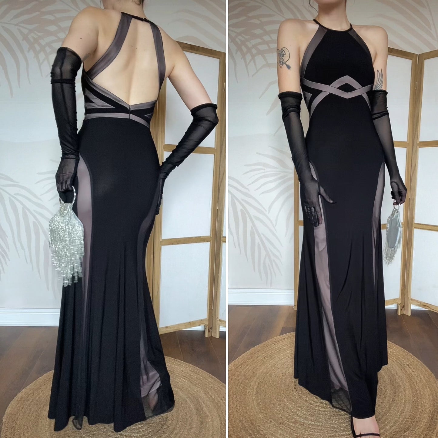 Morgan & Co black & tan stretch evening dress UK 10