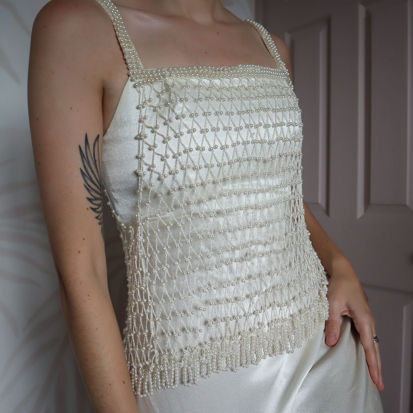 White silky wedding dress with pearl mesh overlay UK 8