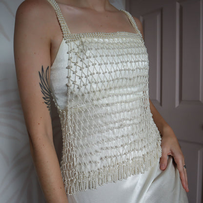 White silky wedding dress with pearl mesh overlay UK 8