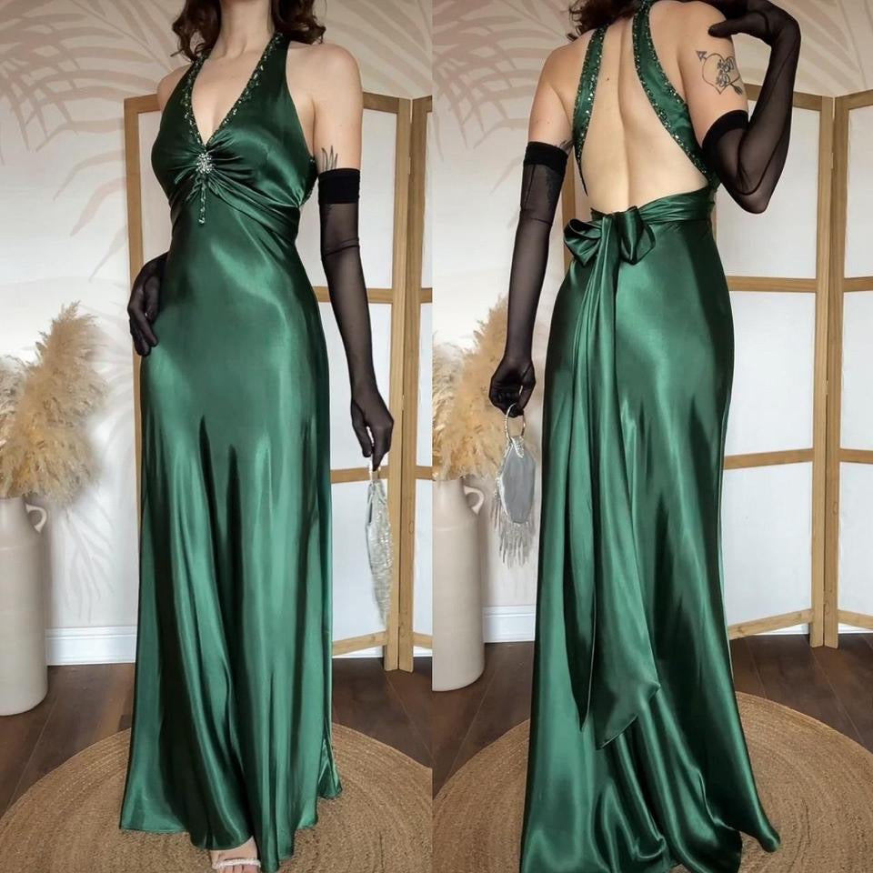 Niki Livas green satin prom dress uk 10
