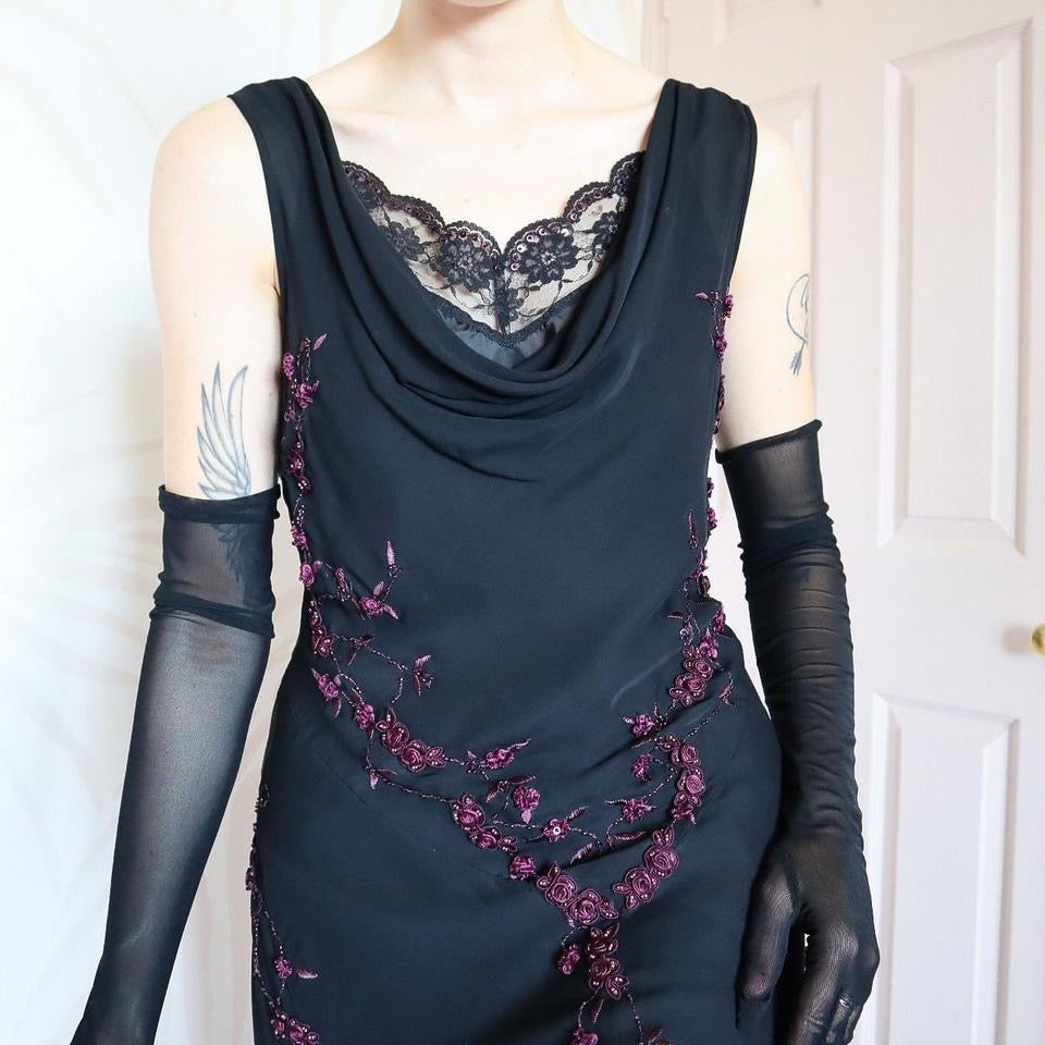 Black 100% silk floral detail midi dress UK 16