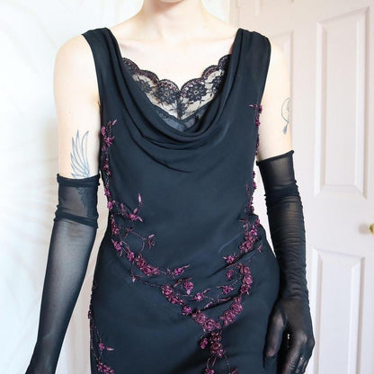 Black 100% silk floral detail midi dress UK 16