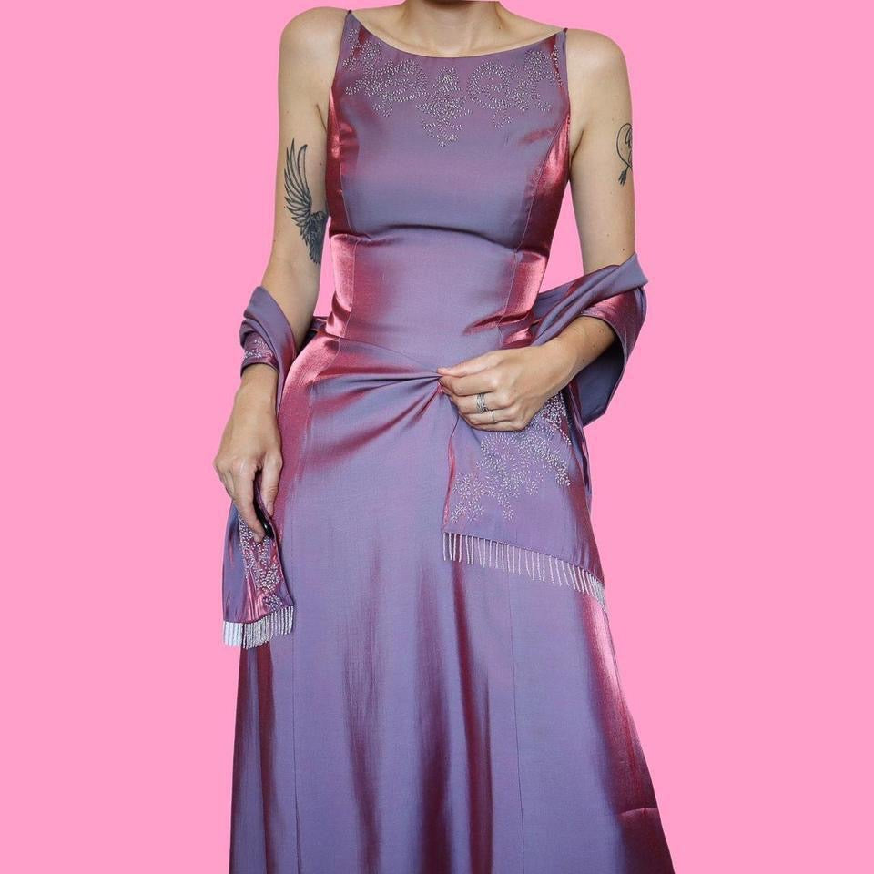 Debut lilac iridescent beaded dress & shawl UK 8-10