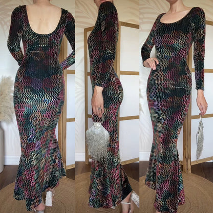 Colourful velvet long sleeve bodycon dress uk S/8-10