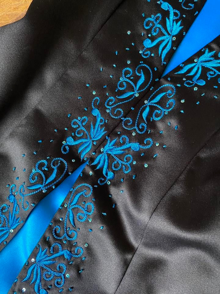 Niki Livas blue & black a-line prom dress & shawl uk 8/10