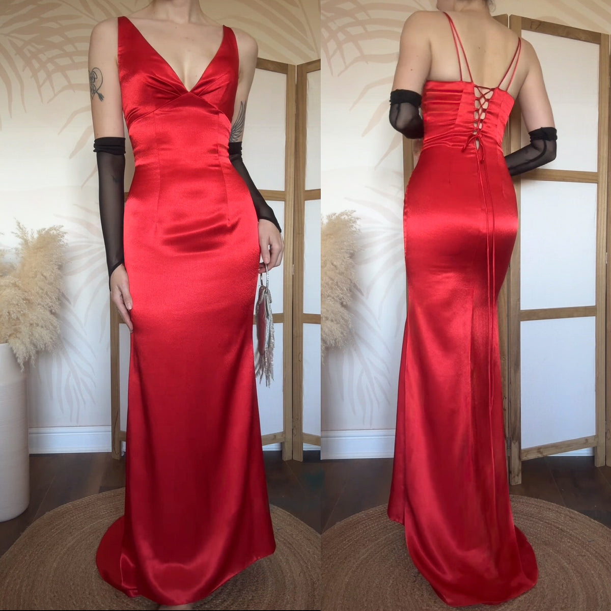 Red satin lace back evening dress uk 8-10