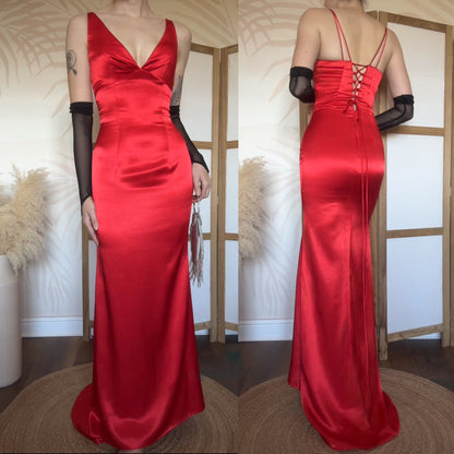 Red satin lace back evening dress uk 8-10