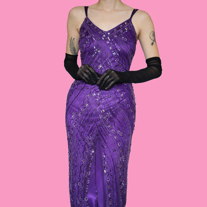 Purple stretch bead & sequin dress UK 10
