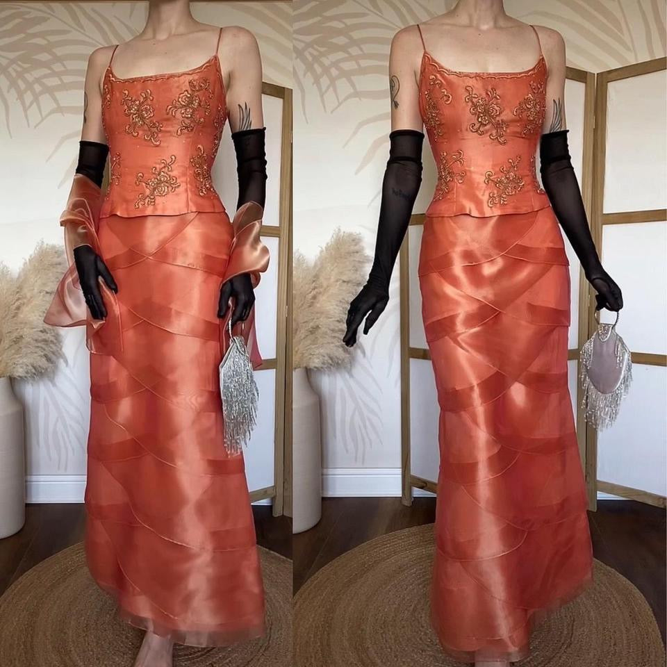 Niki Livas orange layered evening dress uk 12-14