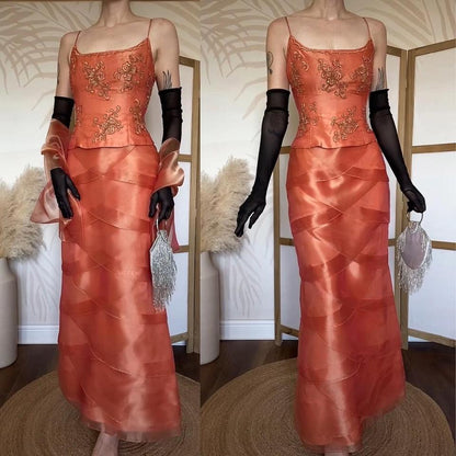 Niki Livas orange layered evening dress uk 12-14