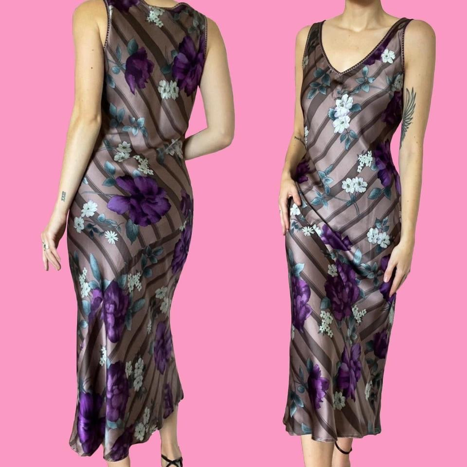 100% silk floral purple slip dress UK 14