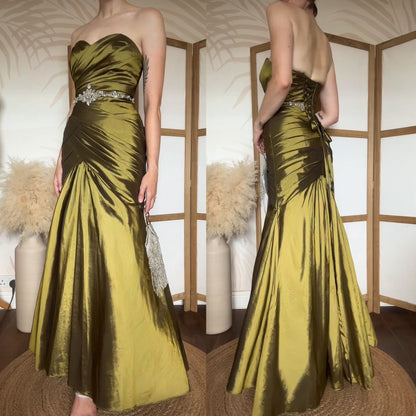 Olive green taffeta strapless prom dress uk 8
