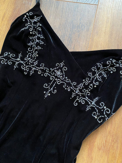 Black velvet beaded stretch evening dress uk 8-10