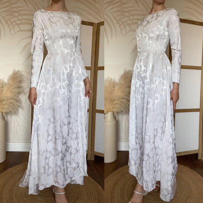 70s white damask floral long sleeve wedding dress uk 8-10