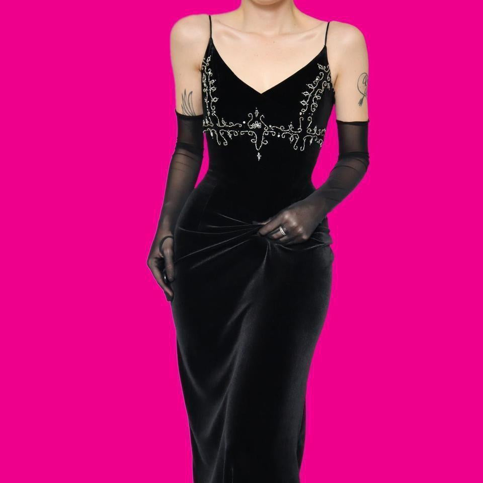 Black velvet beaded stretch evening dress uk 8-10