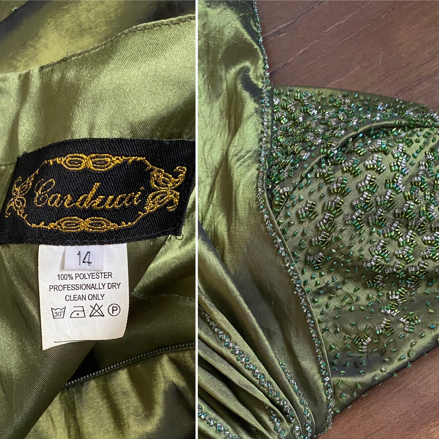 Olive green strapless beaded prom dress & shawl uk 14