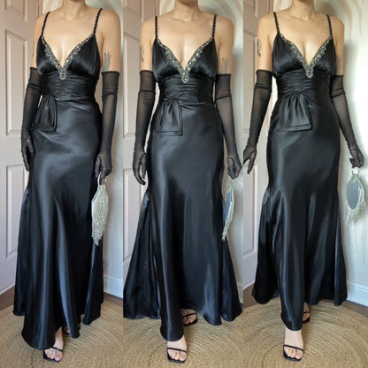 Dave & Johnny 90s Black Satin Evening Gown Prom Dress UK Size 8, 10 & 14