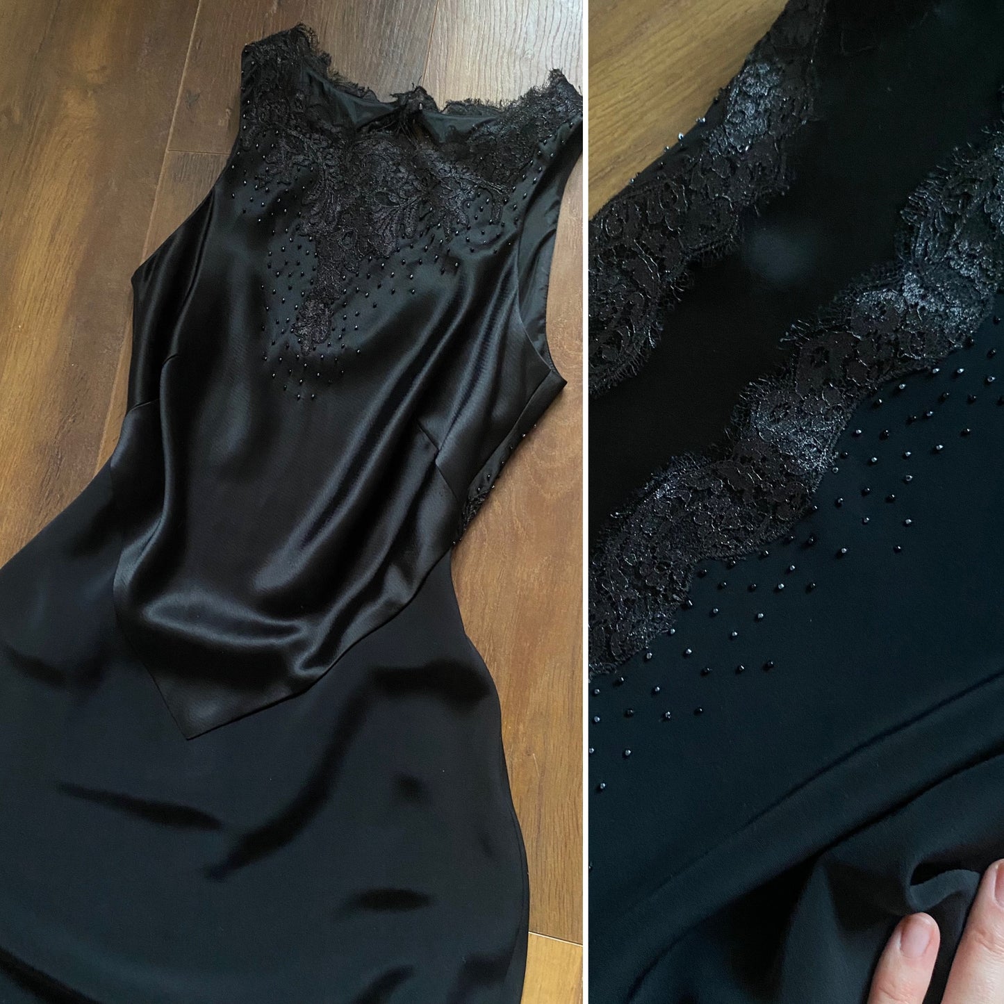 Black lace beaded open back evening dress uk 8