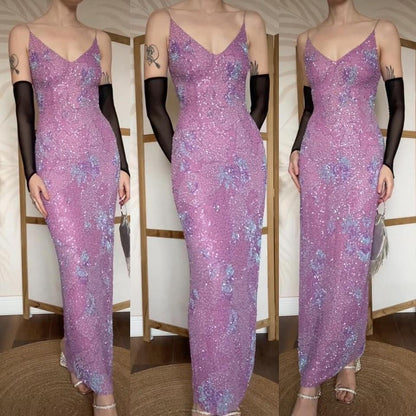 Purple 100% silk beaded/sequin evening dress uk 10-12
