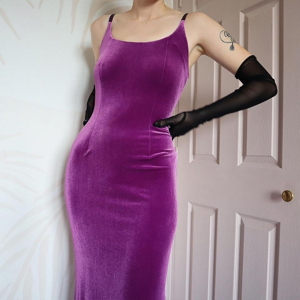 Purple Dusk velvet stretch evening dress UK 12