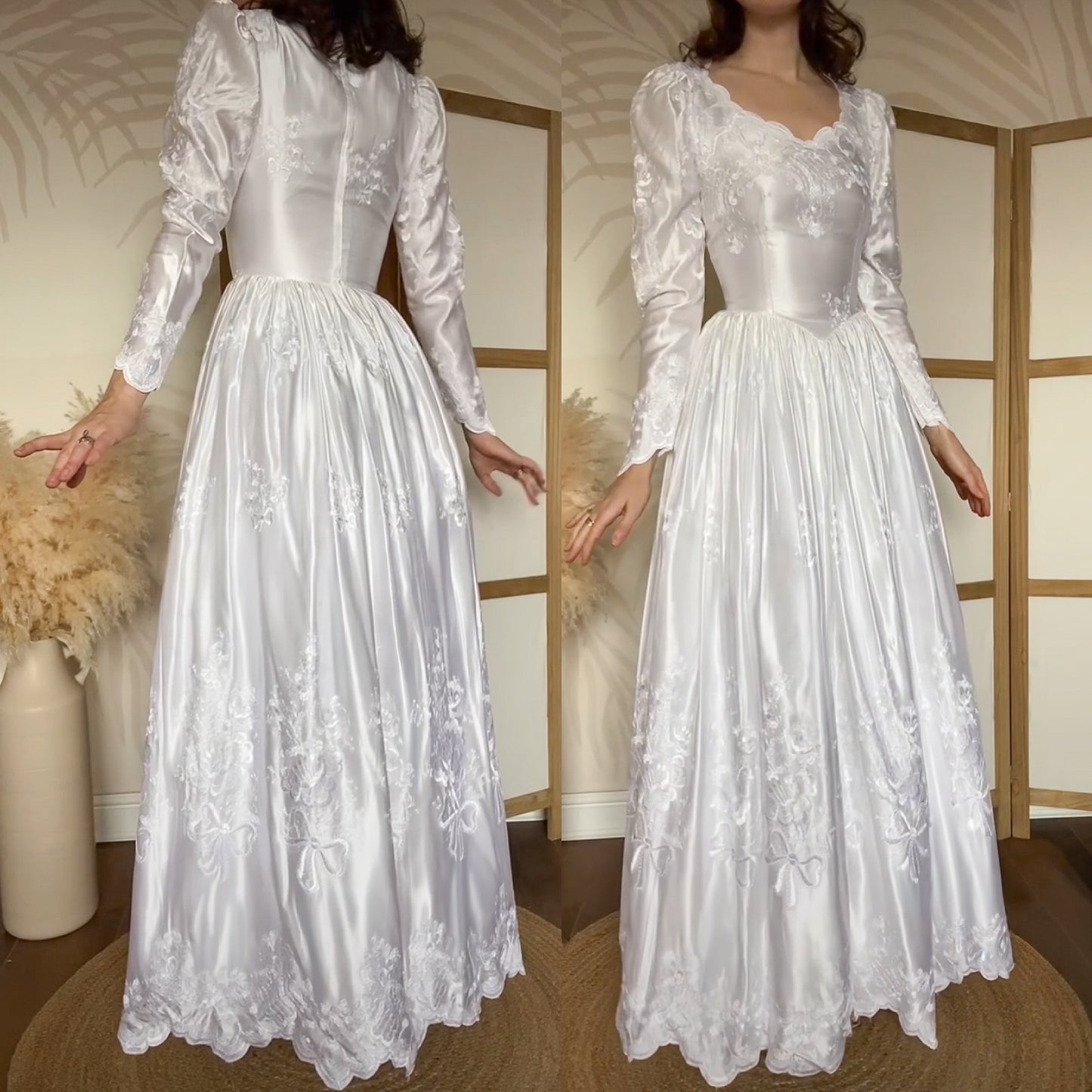 Bright white satin embroidered long sleeve wedding dress uk 8