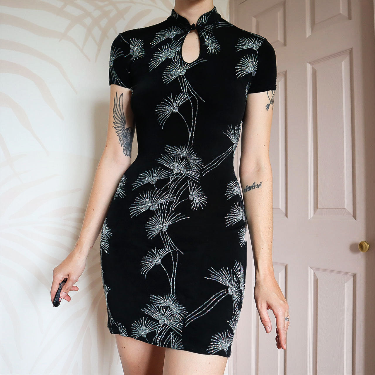 Black Glitter Short Sleeve Mini Dress UK 10