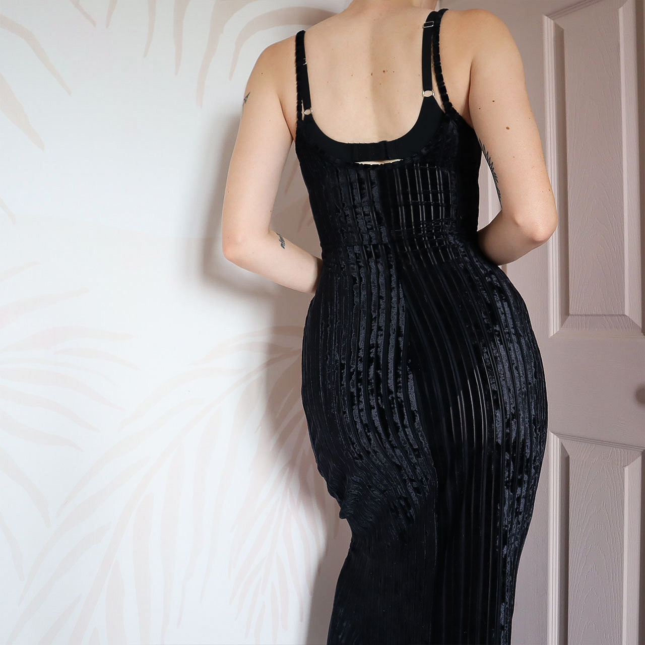 Shirley black velvet bodycon sheer maxi dress UK S