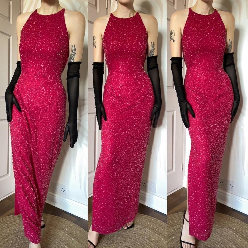 Fuchsia pink beaded open back evening dress UK 10