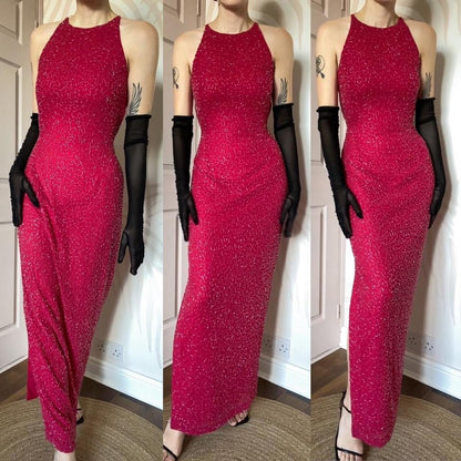 Fuchsia pink beaded open back evening dress UK 10