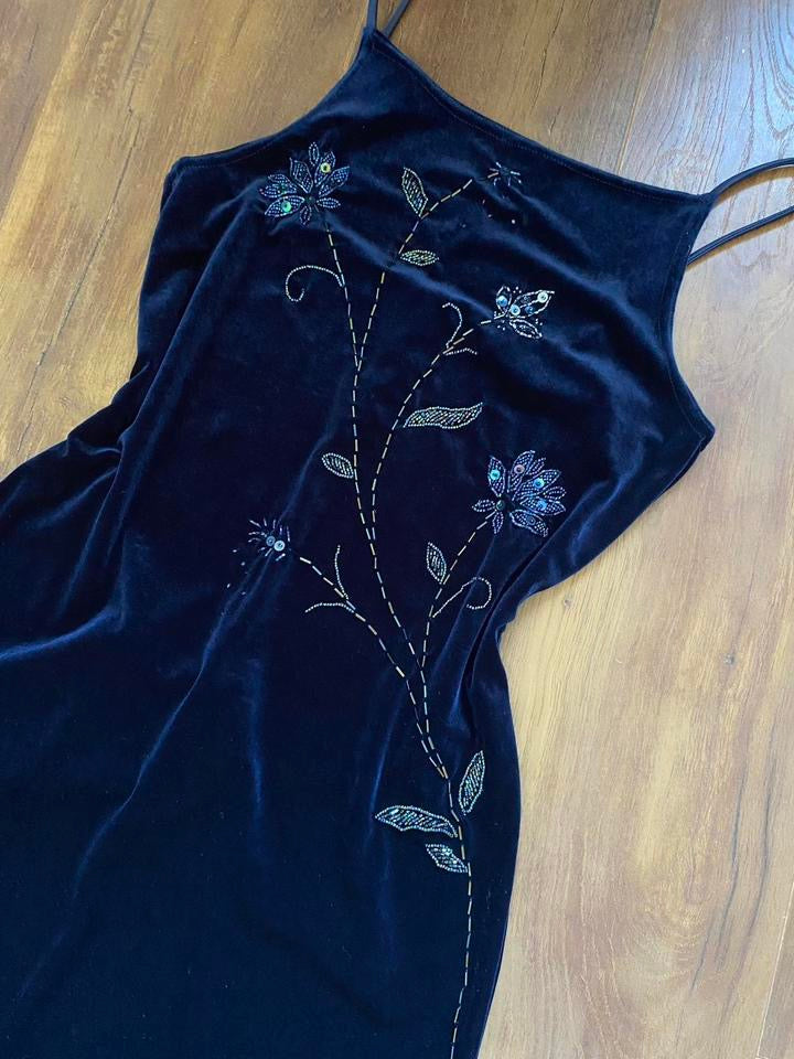 Navy velvet 90s stretch evening dress uk 12