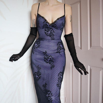 Purple & black lace fitted evening dress UK 10