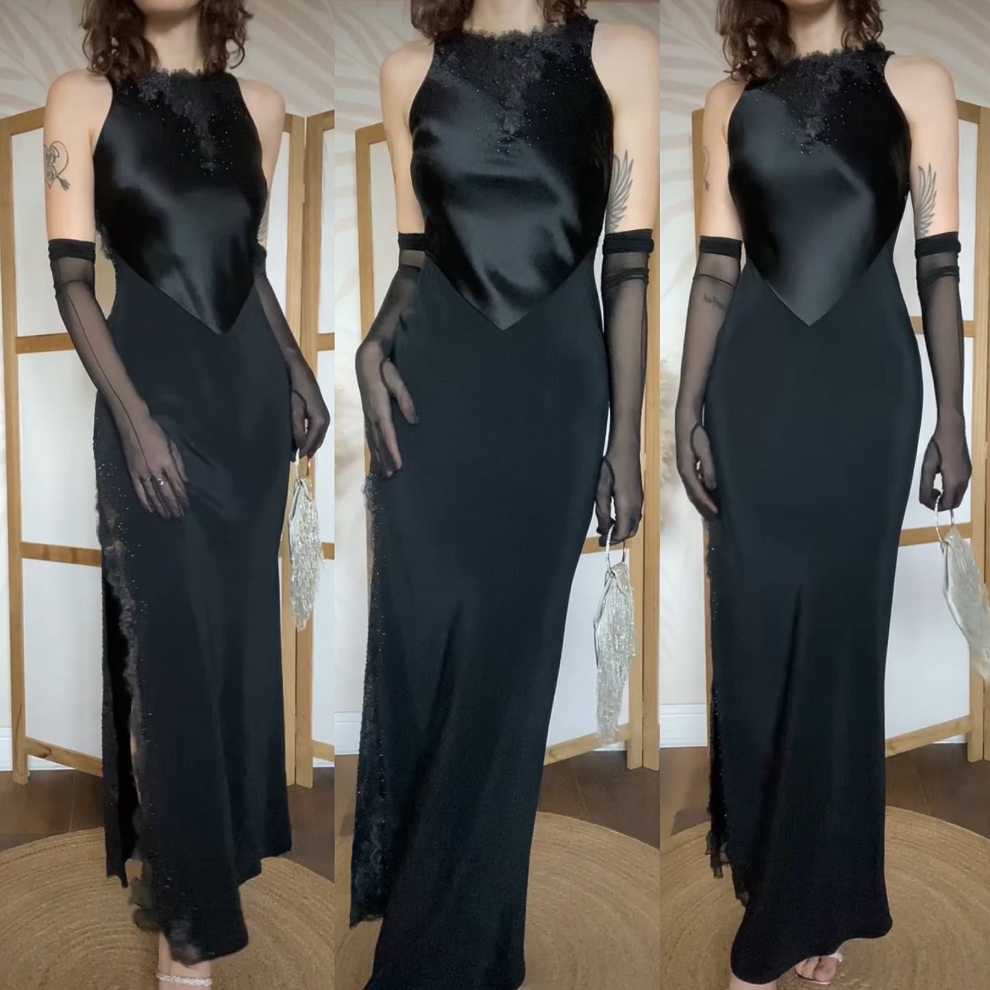 Black lace beaded open back evening dress uk 8