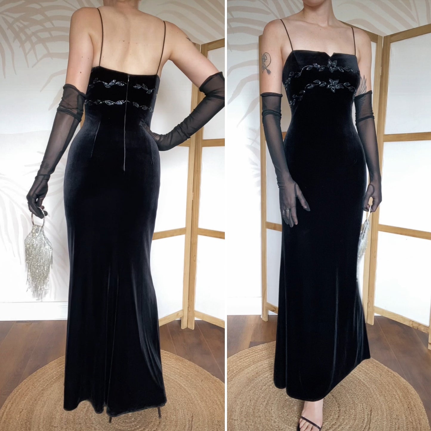 Black velvet Dave & Johnny stretch evening dress uk 12