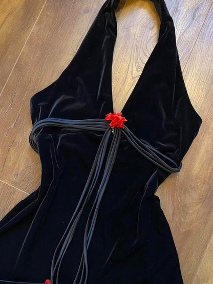 Betsy & Adam black velvet halter-neck evening dress UK 12