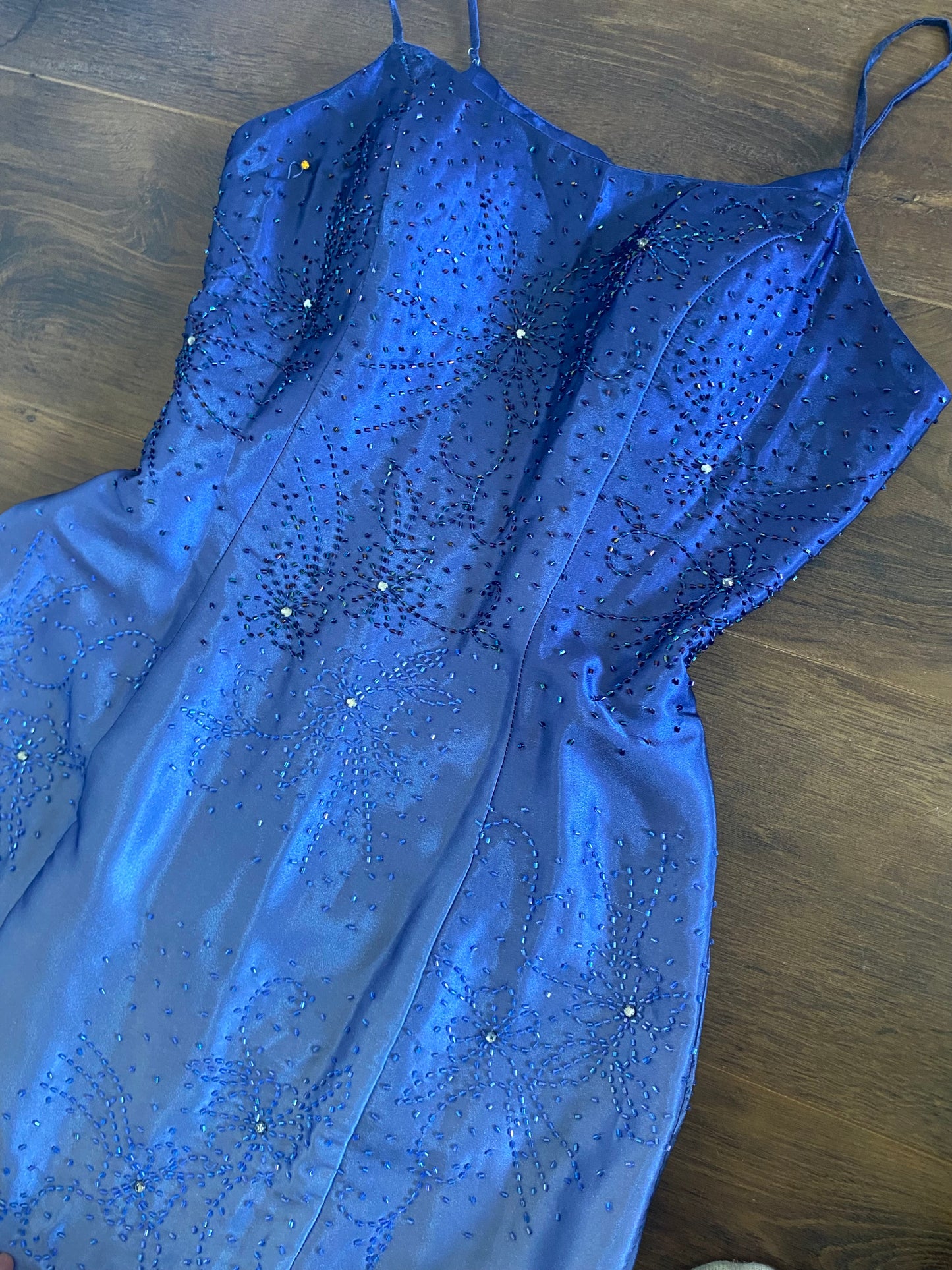 Navy ombré satin beaded evening dress uk 10-12