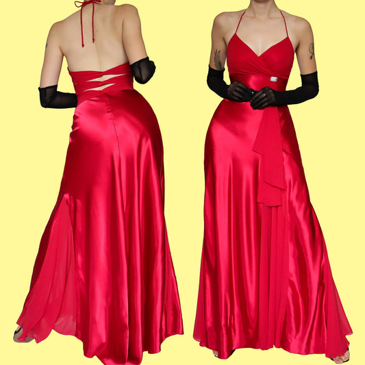 Red satin halter neck evening dress UK 12