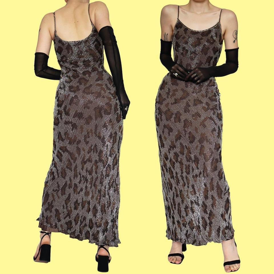 Grey silk leopard beaded evening dress UK 14