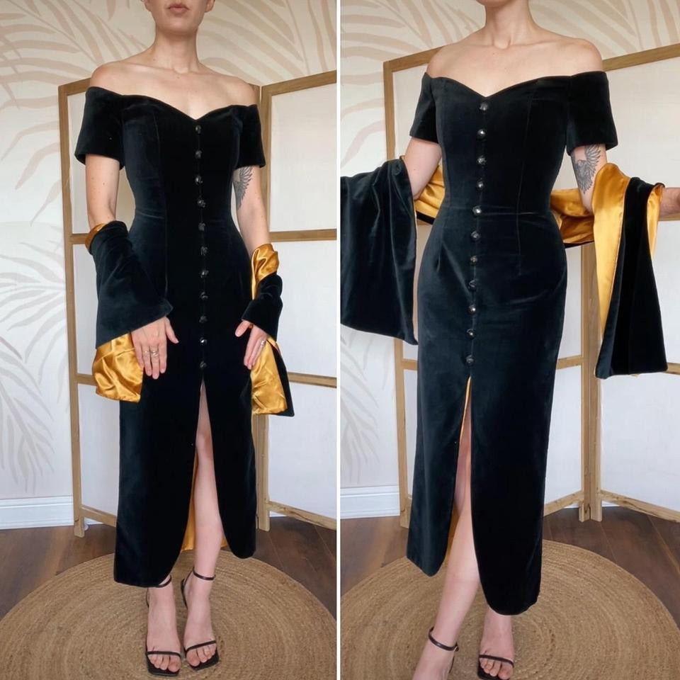 Debut cold shoulder black velvet evening dress & shawl uk 12