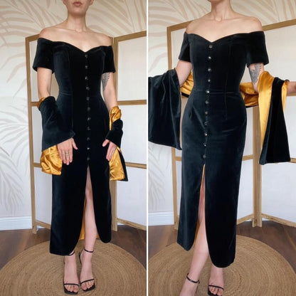 Debut cold shoulder black velvet evening dress & shawl uk 12