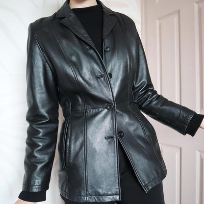 Black real leather jacket blazer UK 10